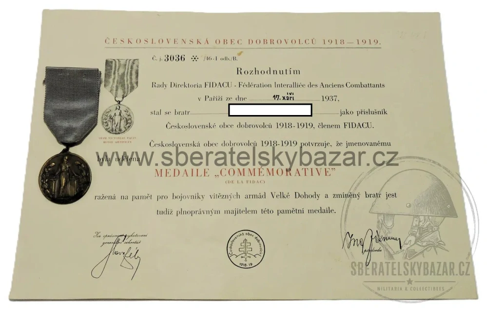 Pamětní medaile FIDAC 1918–1919 s udělovacím dekretem (1937)