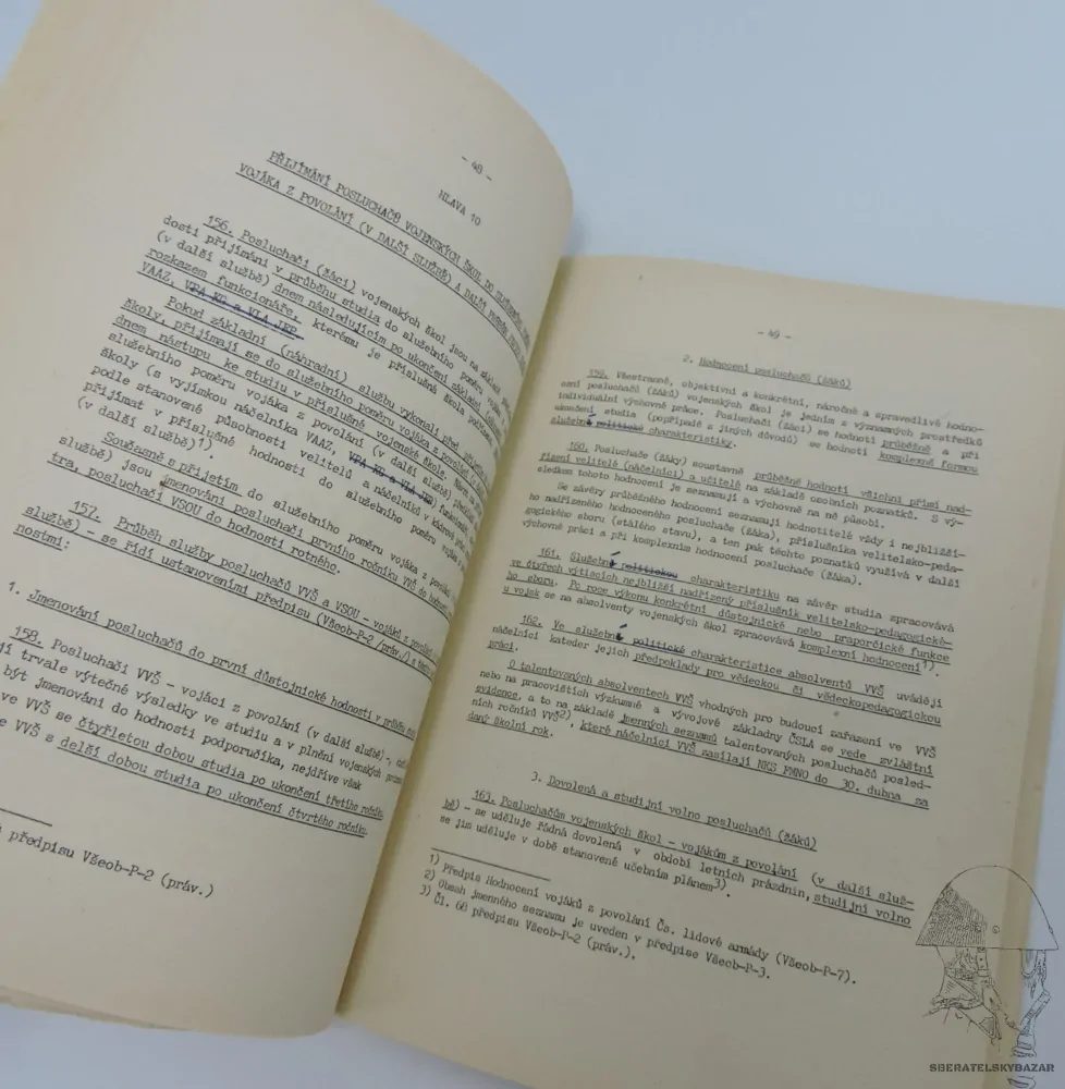 Originál předpis výběr, služba Posluchačů (žáků) vojenských škol