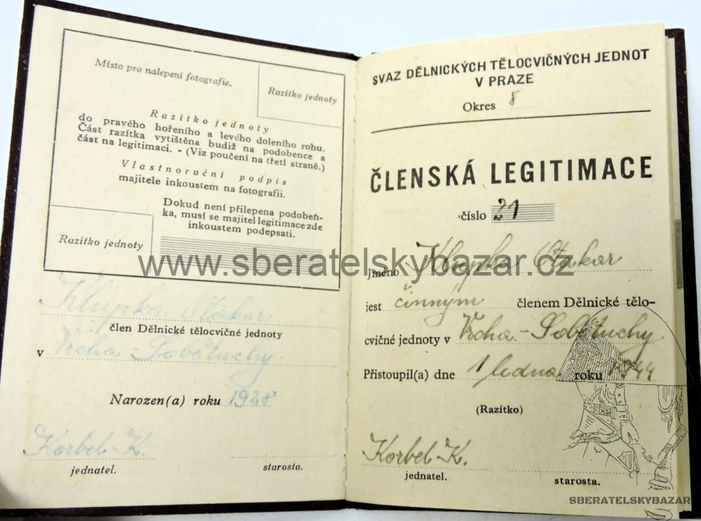 Průkazka Dělnická tělovýchovná jednota - 1944 - Protekrorát Čechy a Morava