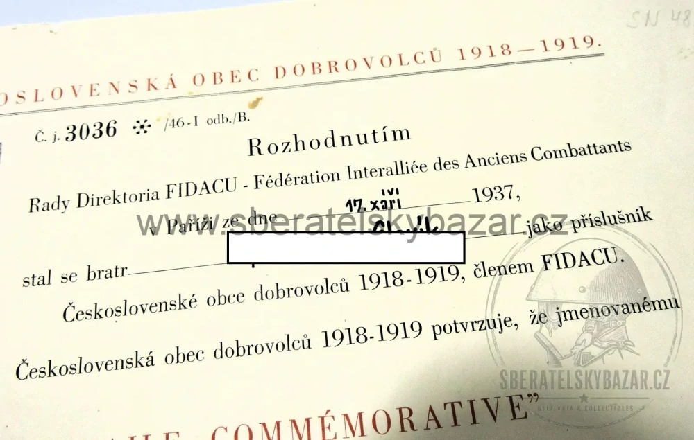 Pamětní medaile FIDAC 1918–1919 s udělovacím dekretem (1937)
