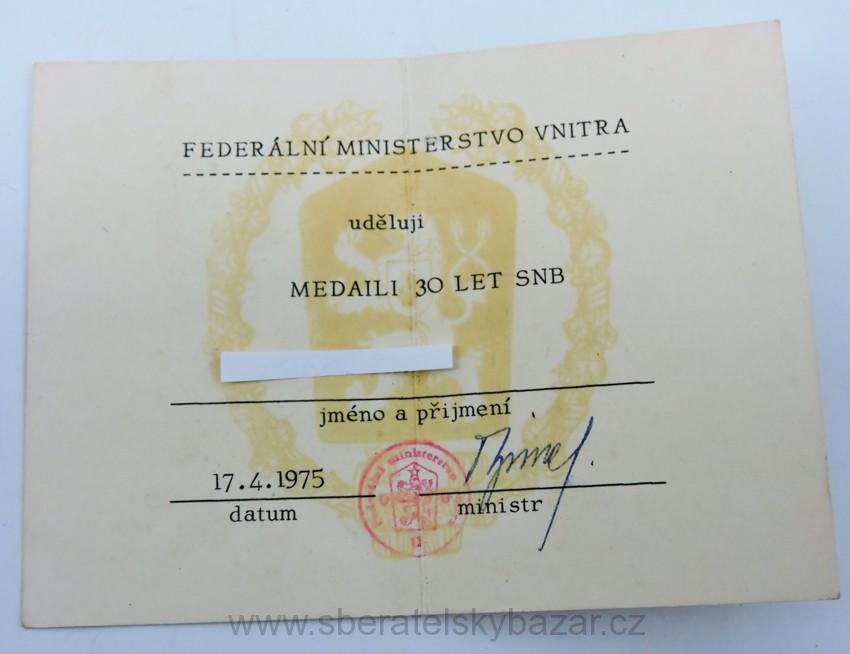 Dekret medaile 30 let SNB 