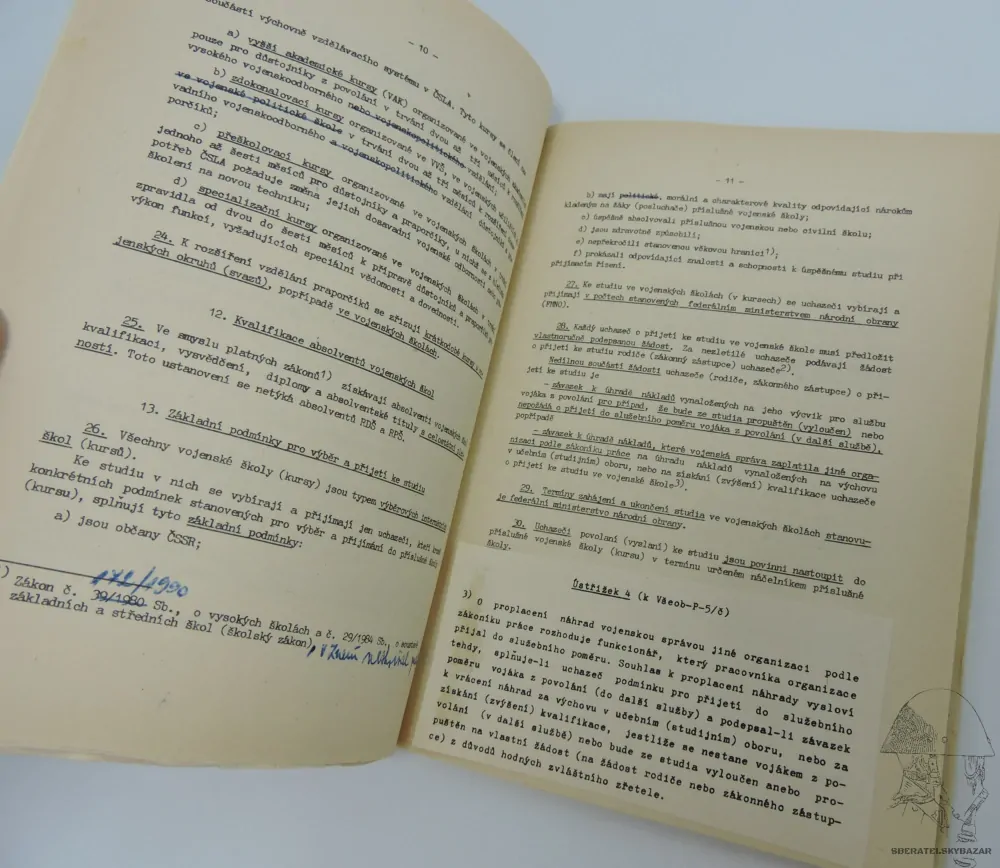 Originál předpis výběr, služba Posluchačů (žáků) vojenských škol