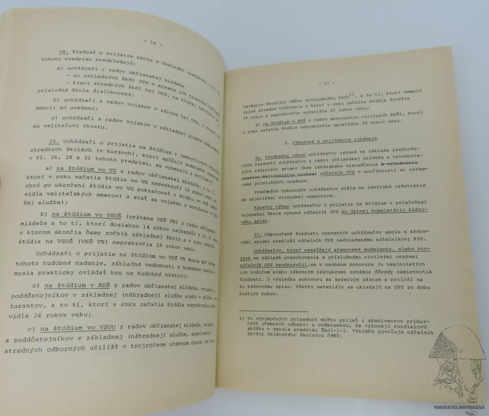 Originál předpis výběr, služba Posluchačů (žáků) vojenských škol