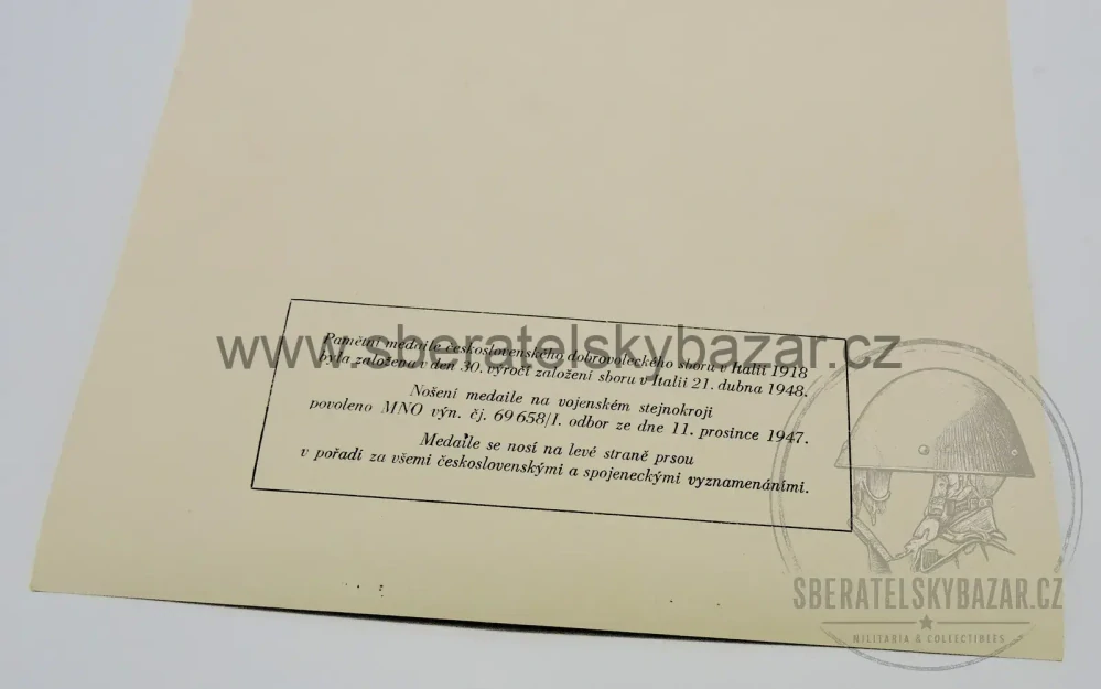 Dekret + pamětní medaile Čs. dobrovoleckého sboru v Itálii 1918–1948 