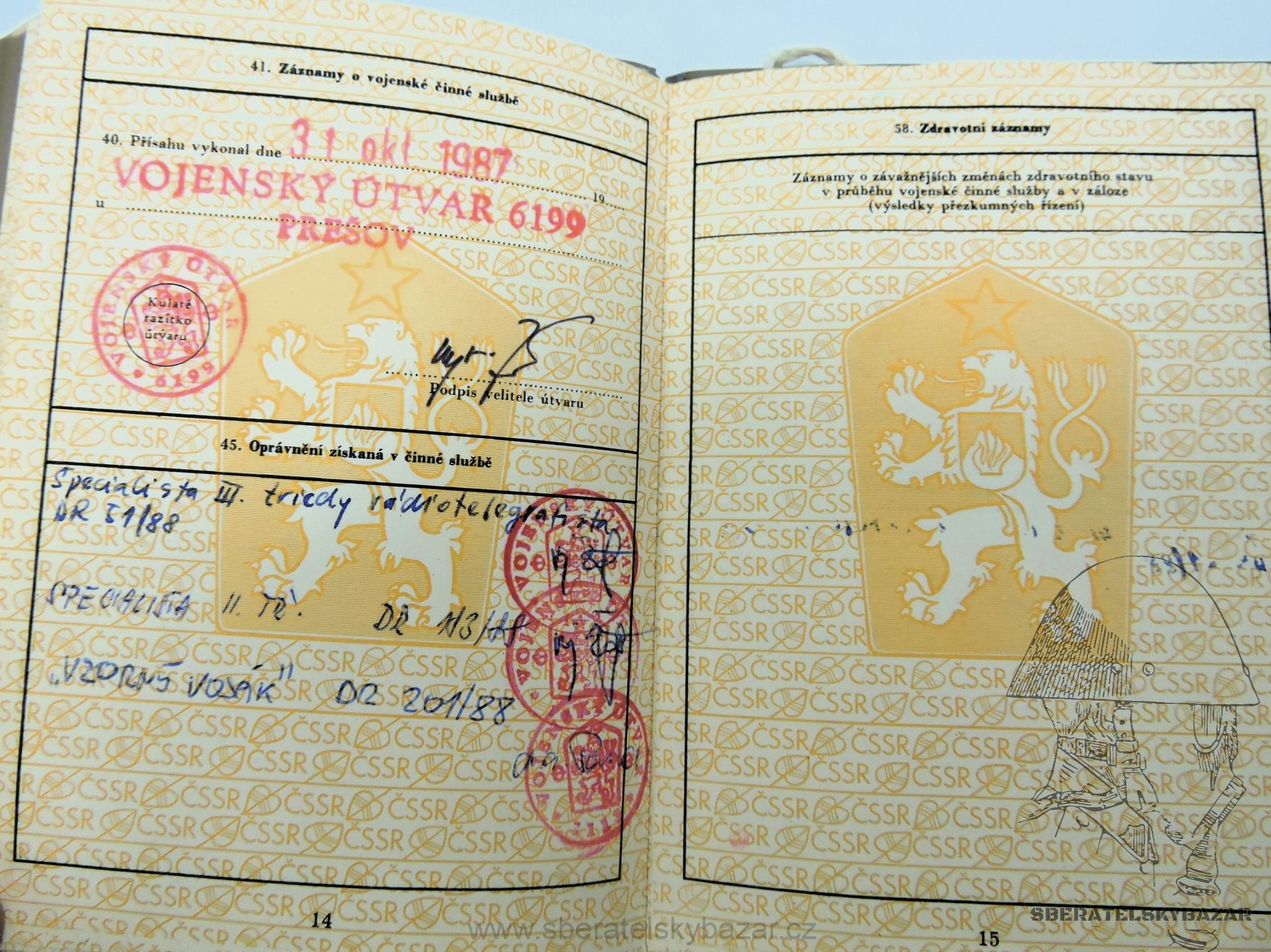 Vojenská knížka ČSLA -Prešov - 4x udělen odznak