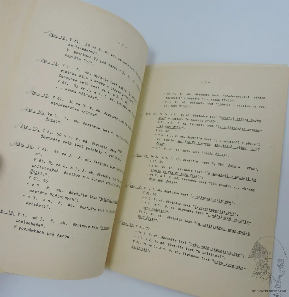 Originál předpis výběr, služba Posluchačů (žáků) vojenských škol