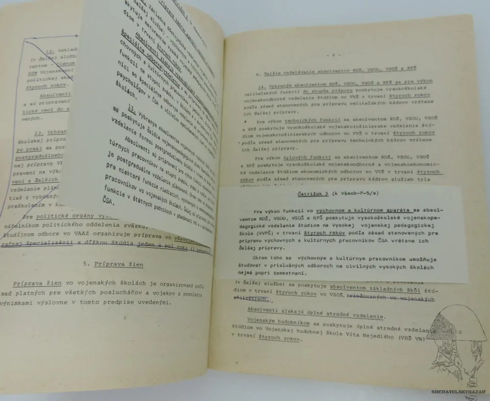 Originál předpis výběr, služba Posluchačů (žáků) vojenských škol