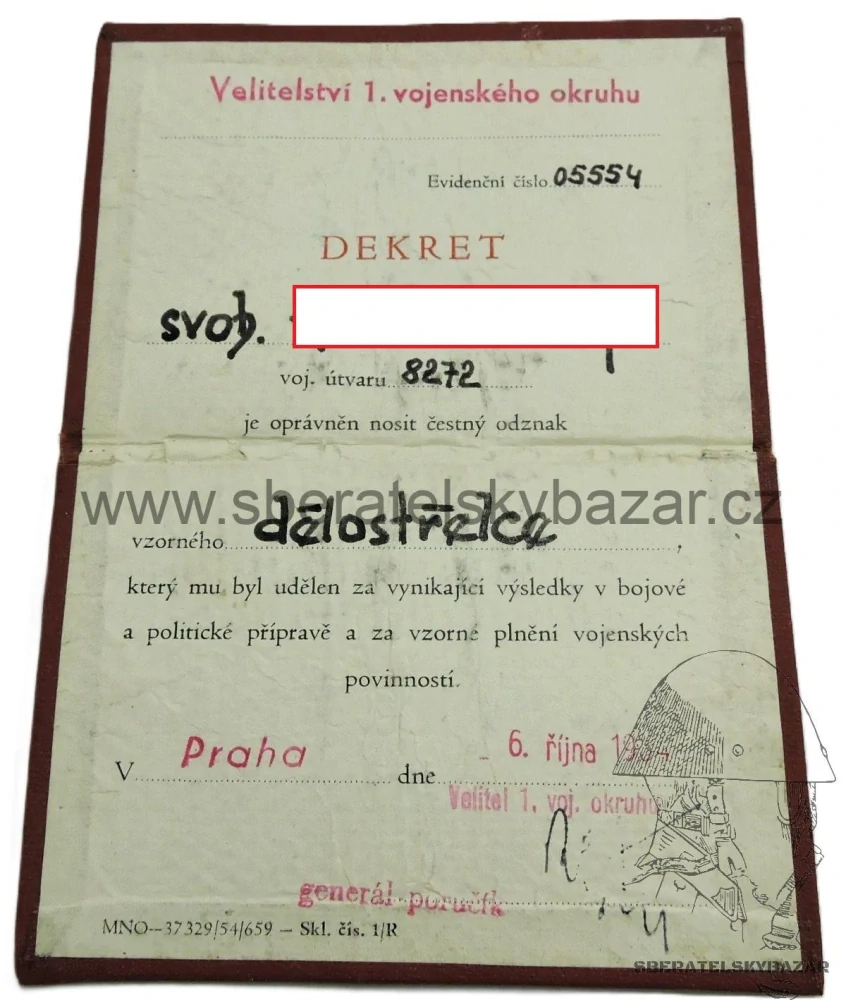 Odznak Vzorný dělostřelec 1955 s dekretem, číslovaný