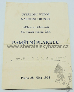 Dekret pamětní plaketa 50.výročí vzniku ČSR